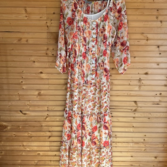 Figueroa & Flower, Anthropologie, Maxi Dress Sz L Floral White, Coral, Peach - Picture 1 of 8
